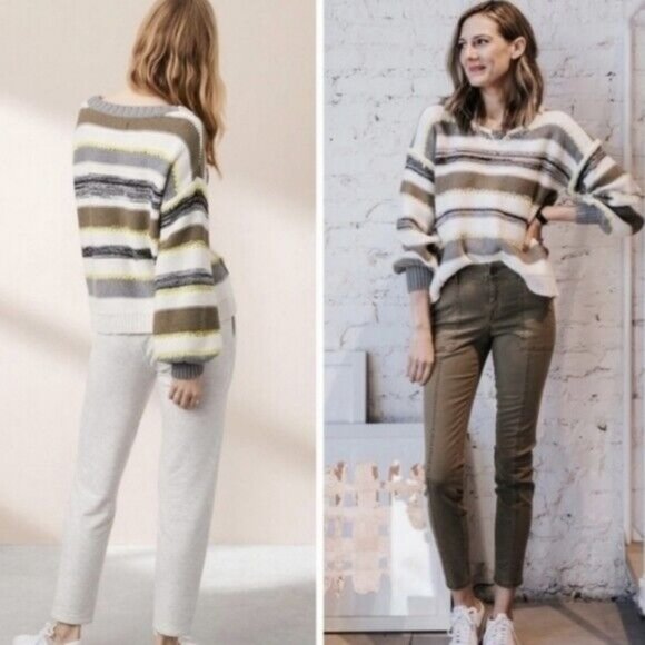 Lou & Grey Sweater Stripe Balloon Sleeve Fringe Cashmere Wool - Picture 2 of 12